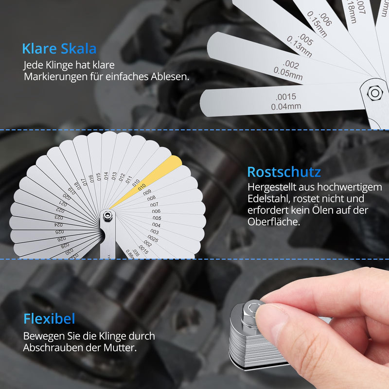 CAMWAY Stainless Feeler Gauge, 32 Blades Stainless Steel Blades High Precision Feeler Gauge Metric / Imperial Tool for Measuring Gap Width/Thickness/Metric Sizes, 0.04-0.88 mm 32 Klingen Fühlerlehren