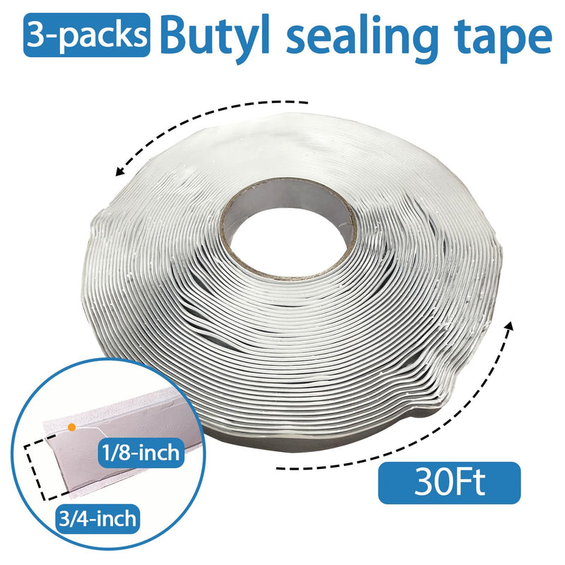 3-Packs Grey Butyl Putty Tape 1/8-Inch x 3/4-Inch x 30-Foot for RV Repair,Boat Sealing ,EDPM Rubber Roof Patching ,Window Repair, Vent Sealing and Home Repair