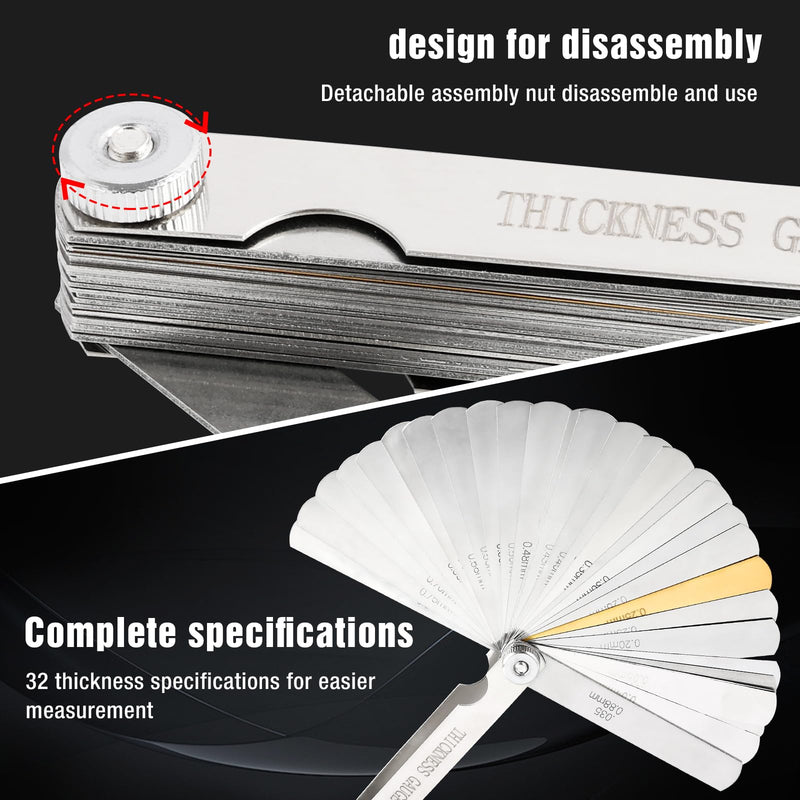 [Australia - AusPower] - 32 Blade Universal Stainless Steel Feeler Gauge, Precision Thickness Gauge for Metric and Imperial Measurements for Valve Game, Spark Plug Gaps and Engine Measurements, Size Range 0.04-0.88 mm 