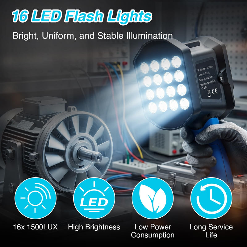 60-100000 RPM Digital Strobe Speedometer, Non-Contact Handheld LED Strobe with 0.001% Accuracy of Speed Measurement, 1500LUX, 16 LEDs, USB Rechargeable, LCD Display for Motors, Fans