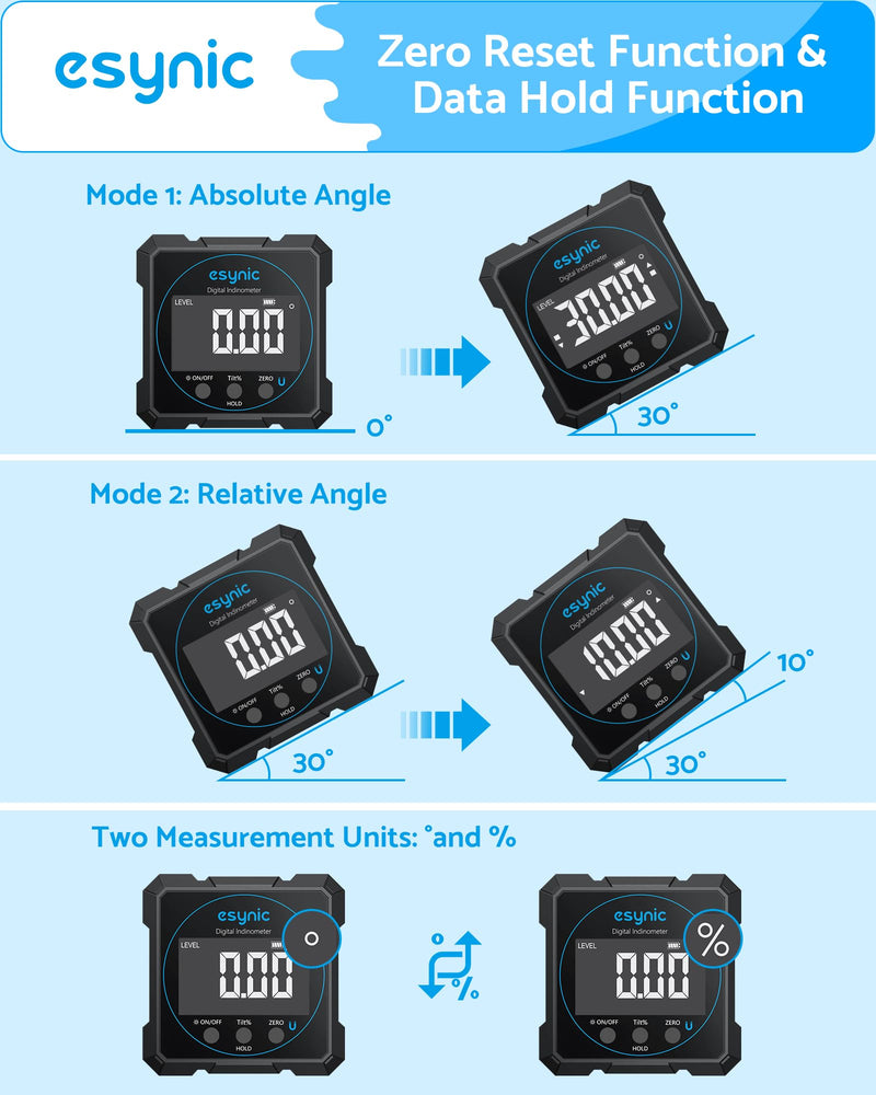 [Australia - AusPower] - eSynic Portable Digital Angle Finder with Laser -IP54 Waterpoof 4 Sides Magnetic Digital Inclinometer -Auto Off Backlight LCD Display Rechargeable Angle Gauge for Construction (Laser Level: Class II) 4 Side Magnetic Digital Angle Finder With Laser 