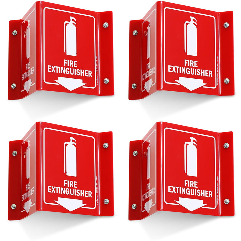 SmartSign (4-Pack) Fire Extinguisher Projecting Sign with Down Arrow - 5" x 6", Two-Sided Wall Mount Polished Acrylic Corridor V-Sign, White on Red #2. Red Acrylic - Pack of 4