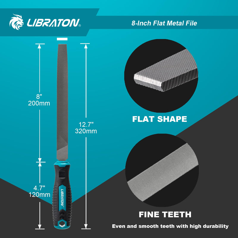 LIBRATON 200mm Flat File for Metal Metal File Tool | File carbon steel, hand file metal, metalworking, wood, plastic, flat file for refining, shaping and scraping 200 mm flat file