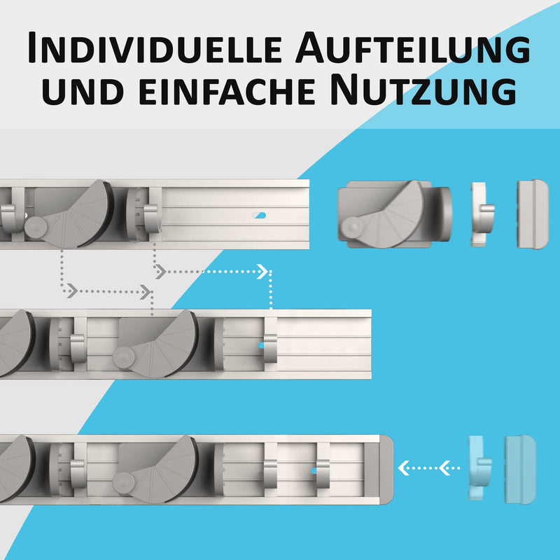 Space-saving tool holder for the wall - aluminum profile with 4 individually positionable brackets and 5 hooks [for brooms, garden tools, tools] - ideal in garage, workshop and garden 1