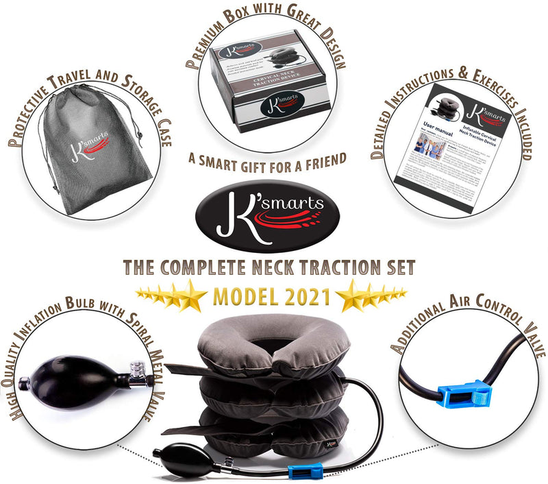 [Australia - AusPower] - Pinched Nerve Neck Stretcher Cervical Traction Device for Home Pain Treatment | Inflatable Spinal Decompression Collar Unit Muscle Strain Injury Relief | Herniated Disc Problems Remedy Kit (Gray) Gray 