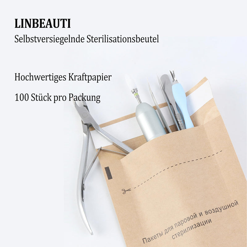 100 x 200 mm Sterilisation Bags, 100 Pieces Self-Adhesive Nail Device Cleaning Bags for Cosmetics and Nail Devices, Steriliser Accessories, Sterilisation Bag 100*200MM brown