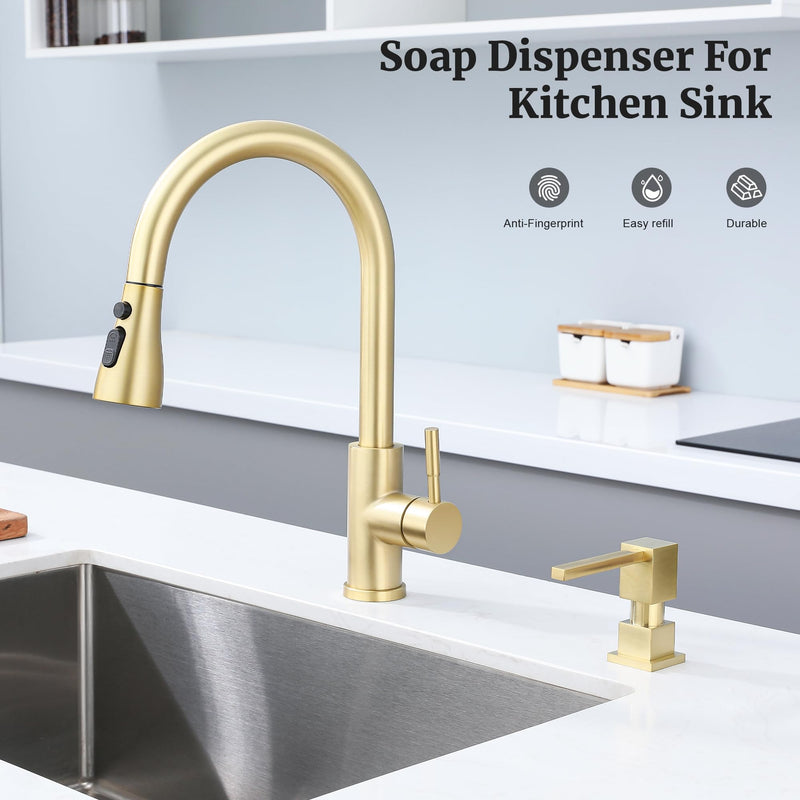 Sink Soap Dispenser for Kitchen Sink (Brushed Gold), All Brass Built-in and Refill from Top Design,Metal Hand Soap & Dish Soap Copper Pump Gold Brushed
