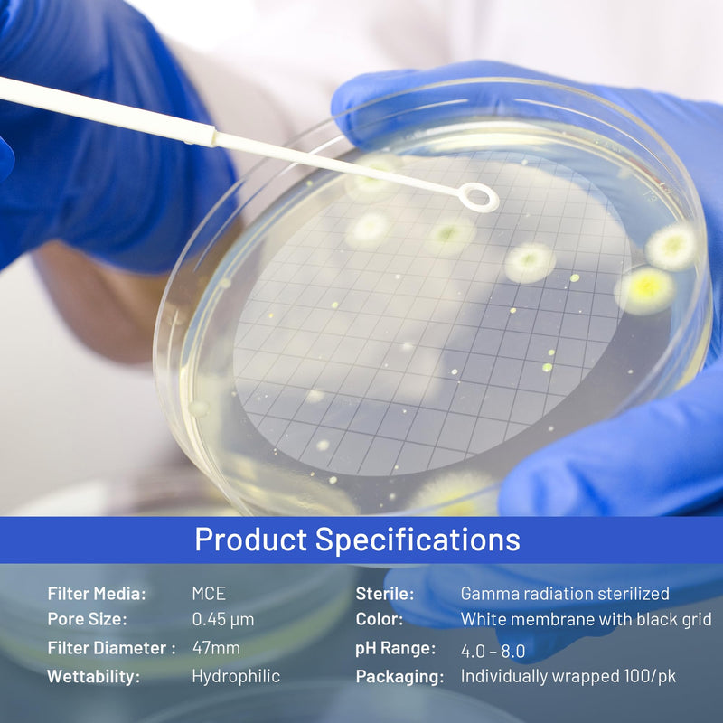 [Australia - AusPower] - MCE Membrane Filter, Sterile, 47mm, 0.45µm, Hydrophilic, Individually Wrapped, Black Grid, Pack of 100, Mixed Cellulose Esters Membrane Filters Paper Disc Filters 
