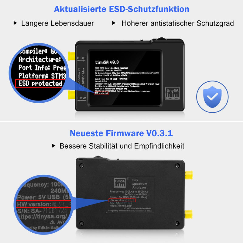 [Australia - AusPower] - AURSINC TinySA Spektrumanalysator Handheld, V0.3.1 2,8 Zoll Touchscreen, 2-in-1 Signalgenerator 100 kHz-960 MHz MF/HF/VHF UHF-Eingang, ESD-geschützte Funktion 