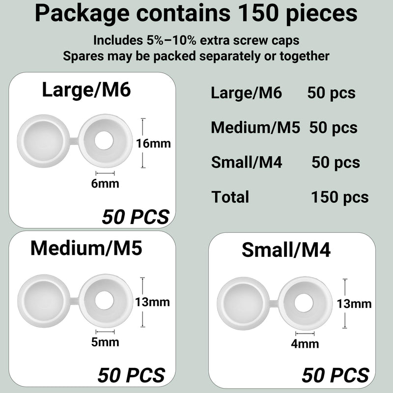 [Australia - AusPower] - 150 Pcs 3 Sizes Screw Cover Caps, Smooth Plastic Caps for Covering Screw Nail Hole, 3 Sizes (Hole Diameter 4mm, 5mm, 6mm)(White) White 