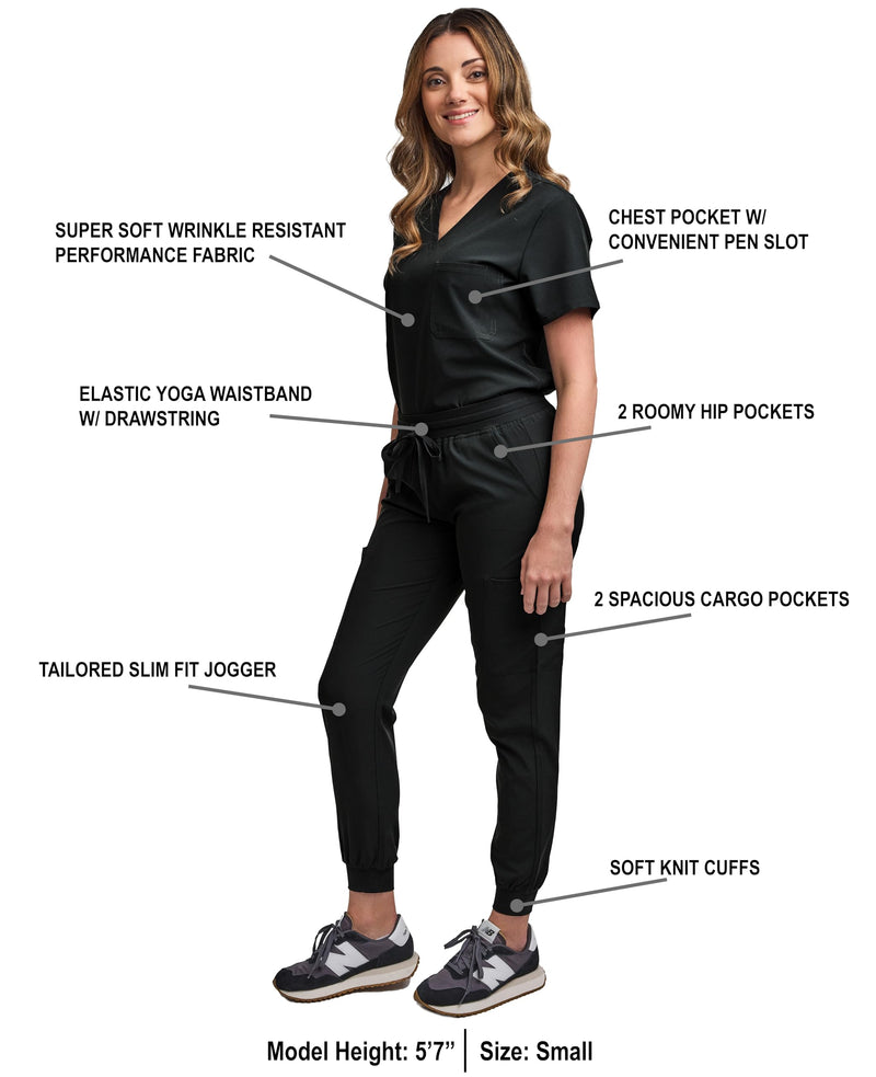 [Australia - AusPower] - Green Town Scrubs for Women Scrub Set - Jogger Pant and Tuck-in V-Neck Top, 5 Pockets, Yoga Waistband, Nursing Uniform Large Black 