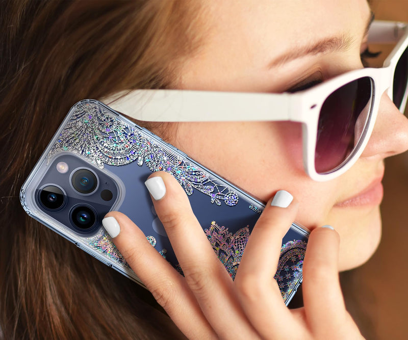 [Australia - AusPower] - Coolwee Anti Yellowing Clear Glitter for Apple iPhone 15 Pro Max Case Floral, 6.7 inch, 6.6ft Military Grade Protective Cute Mandala Crystal Bling Lace Slim TPU with Camera & Screen Protector Clear Glitter Lace 