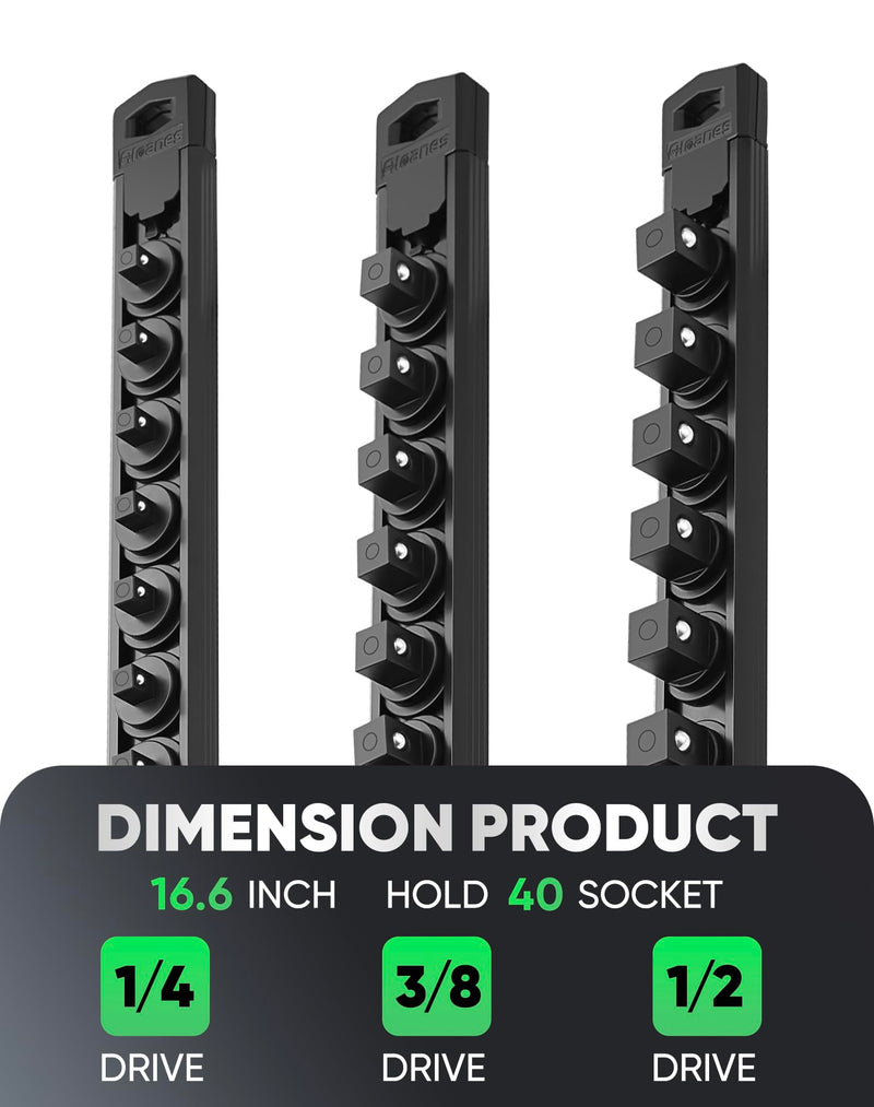 ALOANES Magnetic Socket Organizer Set, 3-Piece Heavy Duty Aluminum Socket Rails, 360° Swivel Clips Socket Rail Kit for Tool Tray Drawer Fit 1/2, 3/8, 1/4-Inch x 40 Clips (Black, 3PC)