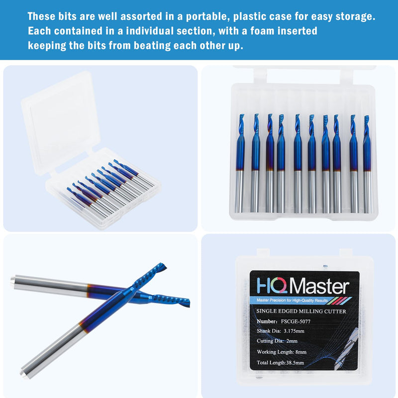 HQMaster 10 Pack O Flute CNC Router Bits, 1/8” Shank Spiral Upcut Single Flute End Mill Set Milling Cutter 2mm Cutting Dia. Tungsten Carbide Engraving Tool 8mm CEL, 38.5mm OAL for MDF Acrylic PVC 3.175 x 2 x 8 mm