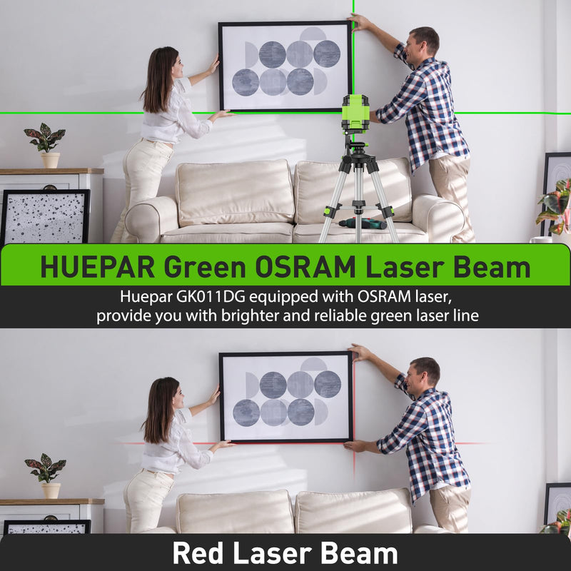 Laser Level, Huepar Self Leveling Laser Level Green Cross Line Laser Level Tool for Picture Hanging, Construction and Decoration Indoor Projects, Magnetic Base, Battery, Carrying Bag Included GK011DG