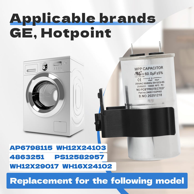 WH12X27614 Washer Start Capacitor and Bracket Kit, WH12X24103 Washing Machine Capacitor Compatible with GE, Hotpoint Washers, 60μF 250V AC, Direct Replacement for WH12X29017, WH13X28838, WH16X24102