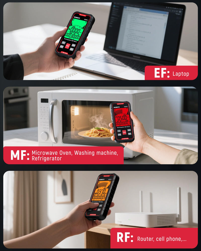 [Australia - AusPower] - KAIWEETS EMF Detector, 3-in-1 Handheld EMF Meter Detects EF, RF, MF, WiFi Signal, Rechargeable Radiation Detector with 3 Color Backlight and Sound Alarm, Suitable for Home, Office, Ghost Hunting 