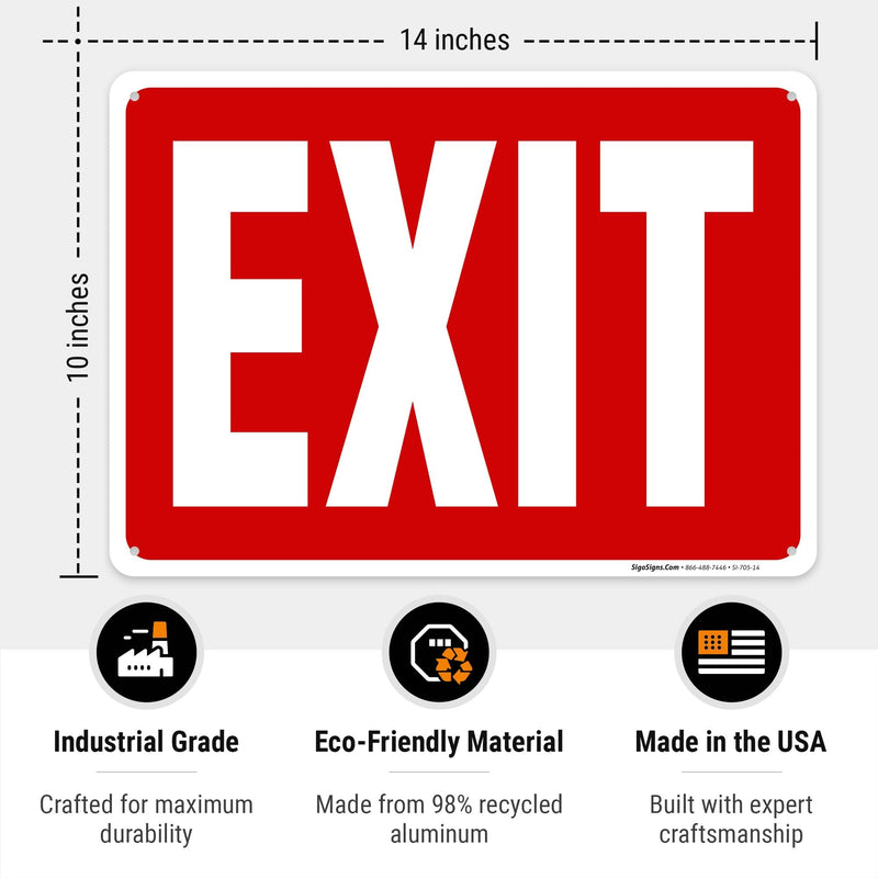 Exit Sign, Red Background Sign, (2 Pack) 10x14 Inches, Rust Free .040 Aluminum, Fade Resistant, Made in USA 10x14 2 PK