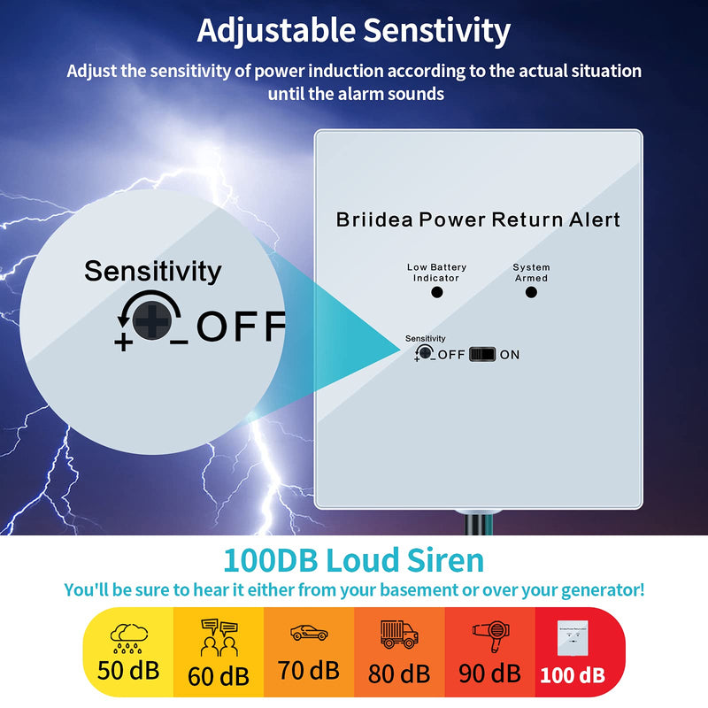 Power Return Alarm, Briidea Utility Power Back on Alert for Generator, Loud Siren with LED Indicator white