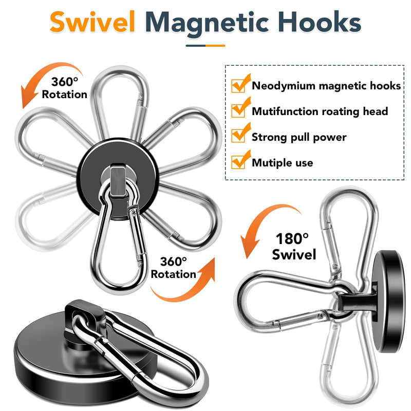 MIKEDE Magnetic Hooks Heavy Duty, 70LBS Strong Magnetic Hooks with Carabiner Hooks, Neodymium Black Magnets with Swivel Hooks Great for Hanging, Kitchen, Grill, Locker or Cruise Cabin - 10 Pack