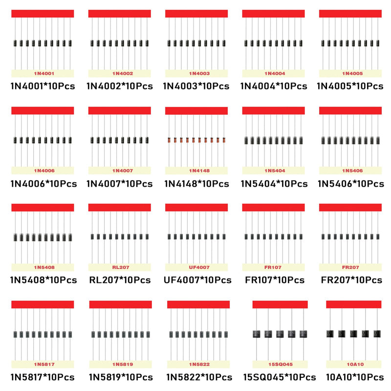 [Australia - AusPower] - 20Values Diodes Kit 1N4001 1N4002 1N4003 1N4004 1N4005 1N4006 1N4007 1N4148 1N5404 1N5406 1N5408 RL207 UF4007 FR107 FR207 1N5817 1N5819 1N5822 15SQ045 10A10 Rectifier Schottky Diode Assortment 