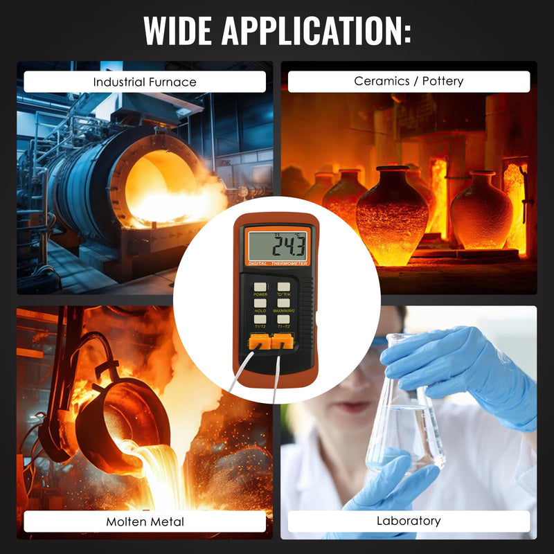 [Australia - AusPower] - Dual Channels Thermocouple Thermometer 4 Thermocouples (Wired & Stainless Steel), Handheld Desktop High Temperature Kelvin Scale Sensor Tester Temperature Range -50~1300°C (-58~2372°F) 