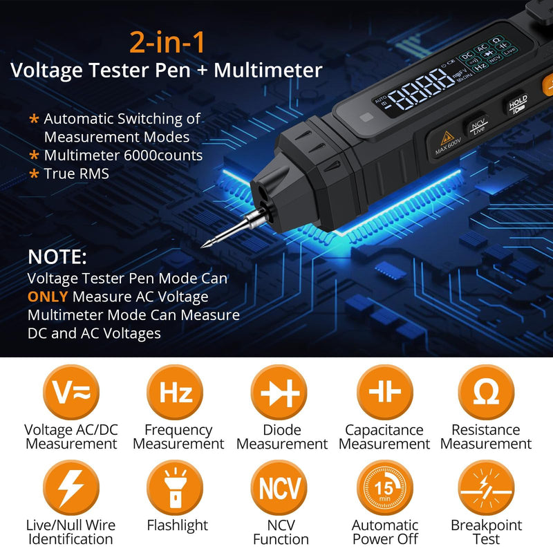 [Australia - AusPower] - Neoteck Professional Electrical Kit: 6000 Counts 2-in-1 Pen Multimeter & 4000 Counts Smart Multimeter with NCV,LCD Display,AC/DC Voltage&Current,Resistance,Continuity,Capacitance,Frequency 