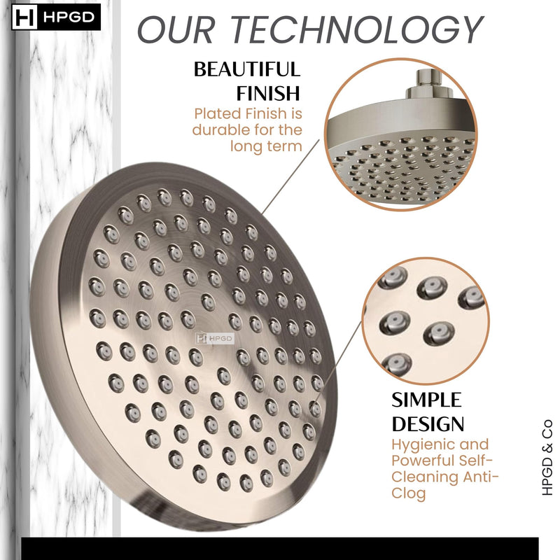 Shower Head - High Pressure Rain, 6-Inch Round, Luxury Nickel Finish, Universal Shower Head Replacement, Premium Quality Anti-Clogging Nozzles, Tool-Free Minute Installation (Brushed Nickel) Brushed Nickel