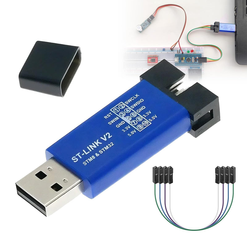 ST-Link V2 Programmer ST-Link Emulator Downloader for STM32 and STM8 | SWD SWIM Download Debugging | 8/32 Bit-Mikrocontroller | mit 5V/3.3V | 4x 20cm Dupont Drähten | Zufallsfarbe Aluminiumgehäuse