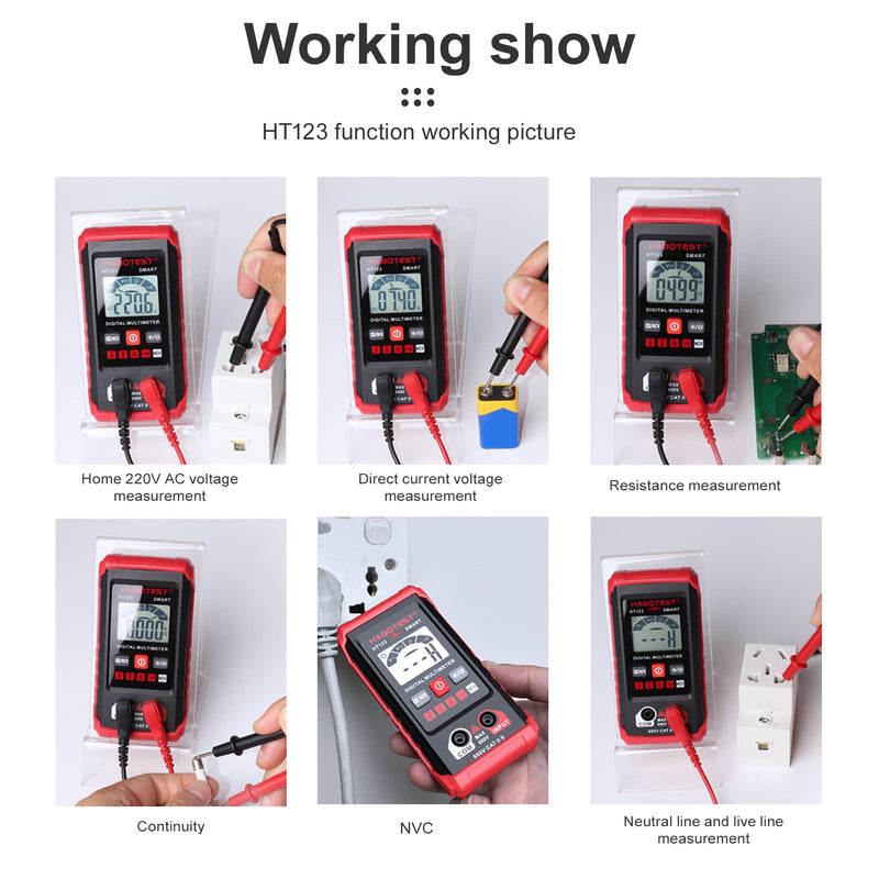 [Australia - AusPower] - Generic HT123 Digital Multimeter Auto Multi-Meter 2,000 Counts True RMS Measuring AC/DC Vol e Resistance NCV Test with LCD Backlight Light Data Hold, Black& Red 