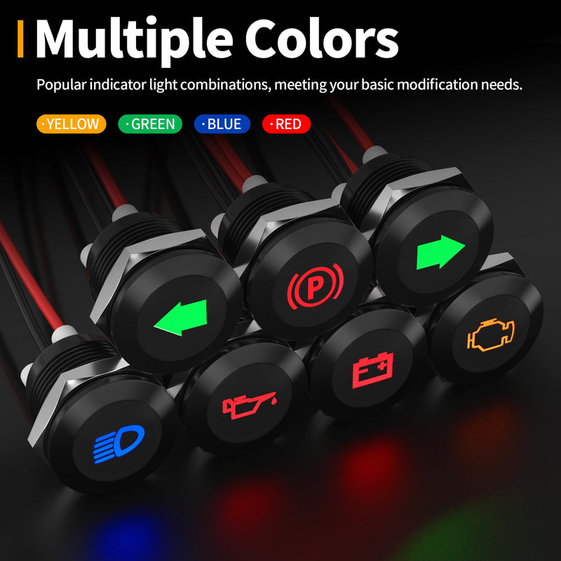 [Australia - AusPower] - 12V LED Indicator Light Small Indicator Light Waterproof 1/2" Panel Cutout 12 Volt 24 Volt Metal LED Indicator Pilot Dash Light with 300MM Wires -7PCS 