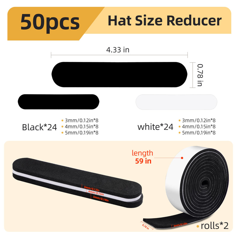 [Australia - AusPower] - 48 Pcs Hat Size Reducer Insert and 2 Rolls Hat Sizing Tape, Hat Inserts to Make Fit Smaller for Cowboy, Fedora, Baseball Caps, Pana, Straw (Black & White) 