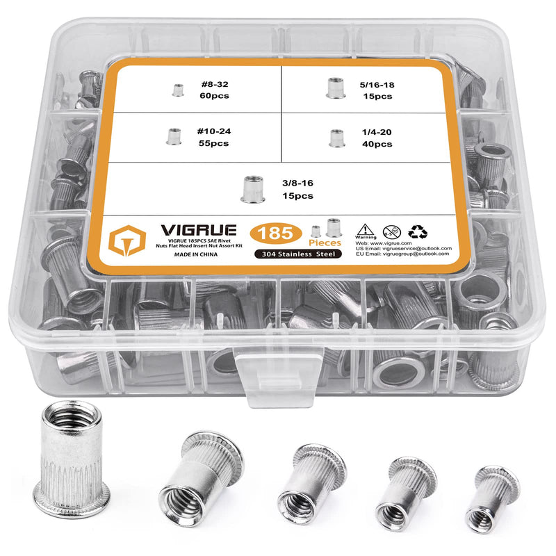 SAE Rivet Nuts Assortment, VIGRUE 185pcs #8-32#10-24 1/4"-20 5/16"-18 3/8"-16 304 Stainless Steel Nutserts Rivnuts Kit, Flat Head Threaded Insert Nut Assort 5 SAE Sizes (185 Pieces)