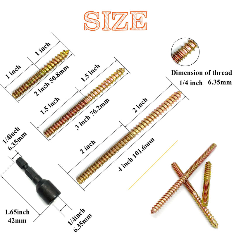 [Australia - AusPower] - 29 Pack 1/4-20" Hanger Bolts 3Sizes 2-4 Inch Include1 pcs Hanger Bolt Driver Double Headed Bolts Wood Dowel Screw Self-Tapping Screw for Furniture Screws Wood Screws Double Screw Threaded Rods 3 Size 1/4-20"-28P+Tool 
