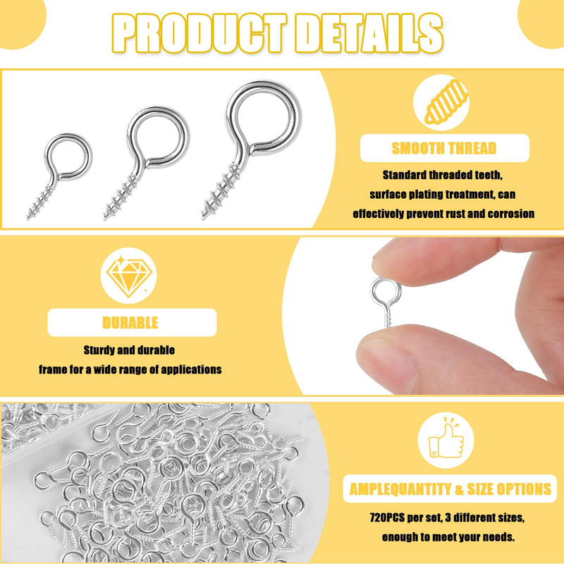 [Australia - AusPower] - 720PCS Small Screw Eye Pins, 3 Styles of Mini Eye Screws, Eyelet Pins Hooks for DIY Crafts, Art Projects, Tiaras and Jewelry Making - Silver 
