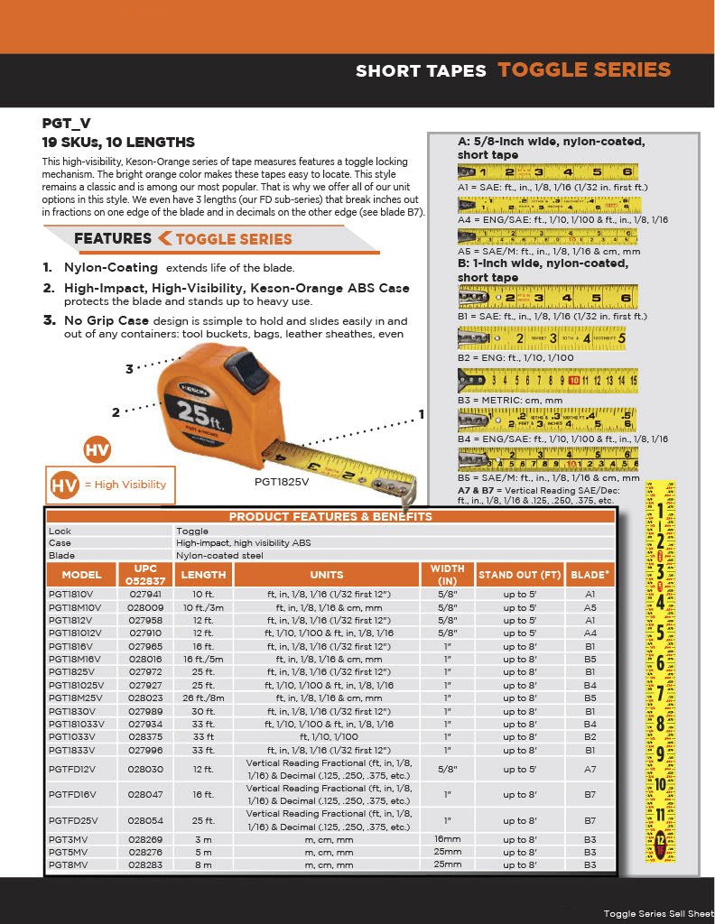 [Australia - AusPower] - Keson Tape Measure, 1 In x 33 ft, Orange, In./Ft., PGT1833V 10.1 m Units: ft, in, 1/8, 1/16 (1/32 first 12"); Blade: B1 