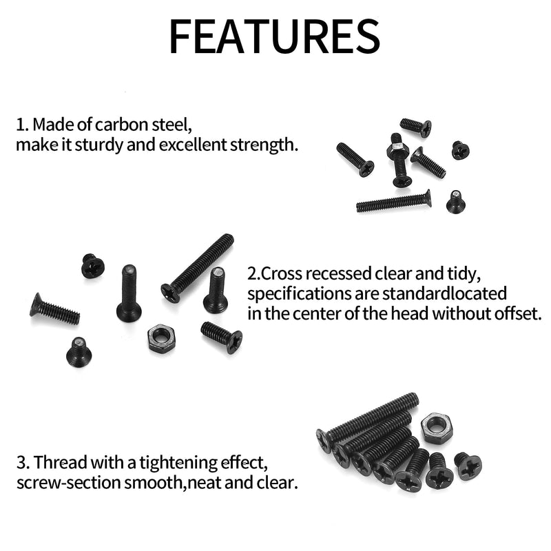 [Australia - AusPower] - M3 Flat Head Machine Screws and Hex Nuts Kit, 380 Pcs Black Countersunk Head Phillips Screws Bolts Nuts Assortment Kit - M3 x 4mm/ 6mm/ 8mm/ 10mm/ 12mm/ 16mm/ 20mm 