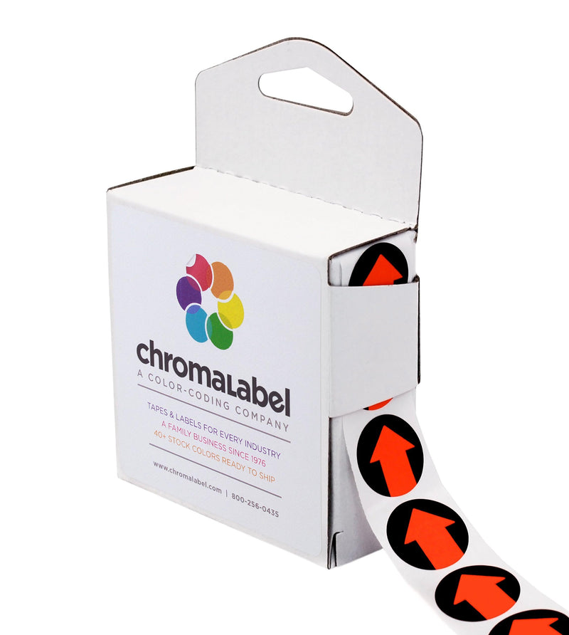 ChromaLabel 0.75 Inch Arrow Dot Labels, 1000 Stickers per Dispenser Box, Fluorescent Red Orange 3/4" Diameter