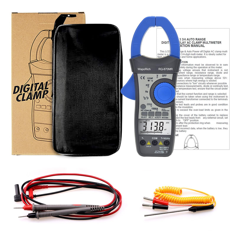 [Australia - AusPower] - Clamp Multimeter TRMS Auto-Ranging, 4000 Counts AC/DC Voltage Current Meter, Temp Frequency Capacitance Diode Continuity Tester Backlit(RQ-870MR) 