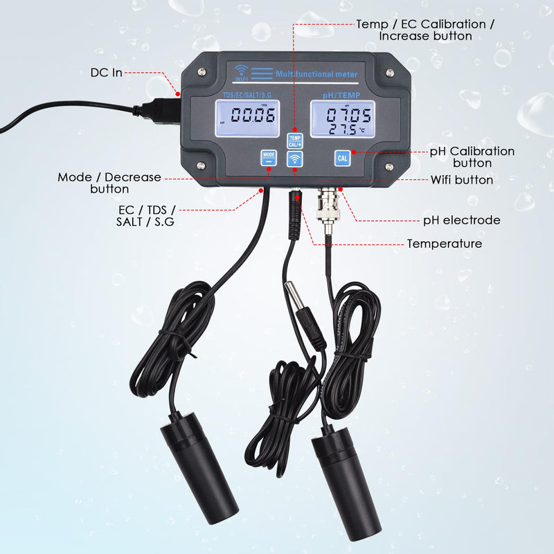 [Australia - AusPower] - DANOPLUS Smart Water Quality Tester, 24 hrs Wireless App Monitoring of pH EC TDS Salinity SG Temperature, Mountable with Alarm Function for Aquariums & Hydroponics 