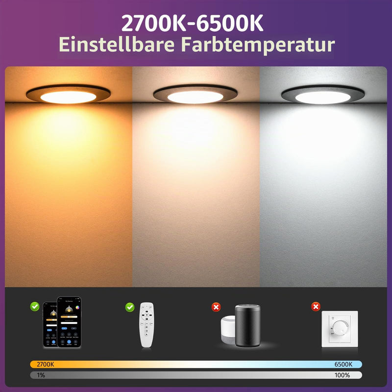 YindaLux 5 W LED Recessed Spotlight, 230 V RGB, Pack of 6 LED Spotlights, Warm to Cool White, 2700 K - 6500 K, Dimmable Control with App and Remote Control, Drill Hole 65-80 mm, IP44 Bluetooth | 5W 500LM Deckenspots IP44 Möbeleinbauleuchte mit App & Fe...