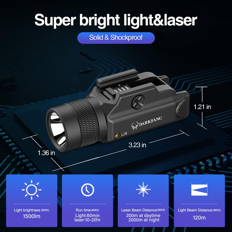 [Australia - AusPower] - DARKFANG Tactical Flashlight and Green Laser Light Combo 1500 Lumen for Shotgun/Pistol Light with Momentary/Strobe Function for 1913 Picatinny Rail 