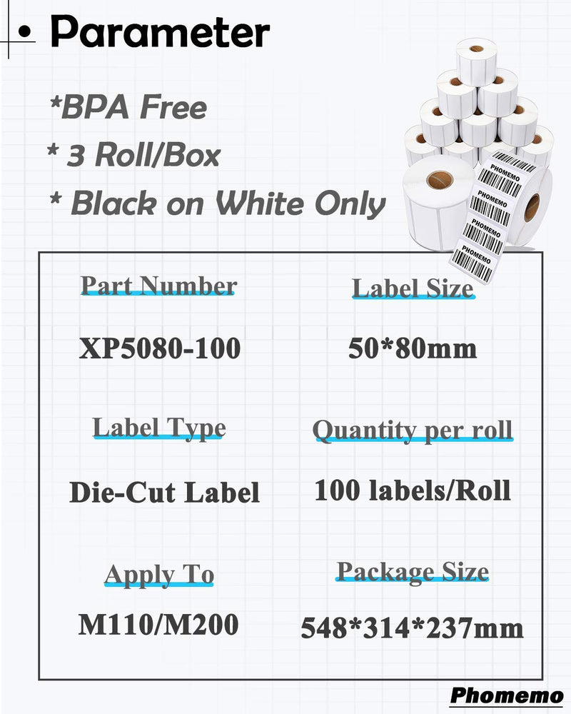 Phomemo Labels - Phomemo M110 Labels for M220/ M100/ M250/ M102/M221/M200/M108 Label Maker, 1.97"x3.15"(50x80mm), M110 Thermal Label 3Rolls, Sticker 100 Labels/Roll, Square, Black on White 1.96"*3.14"
