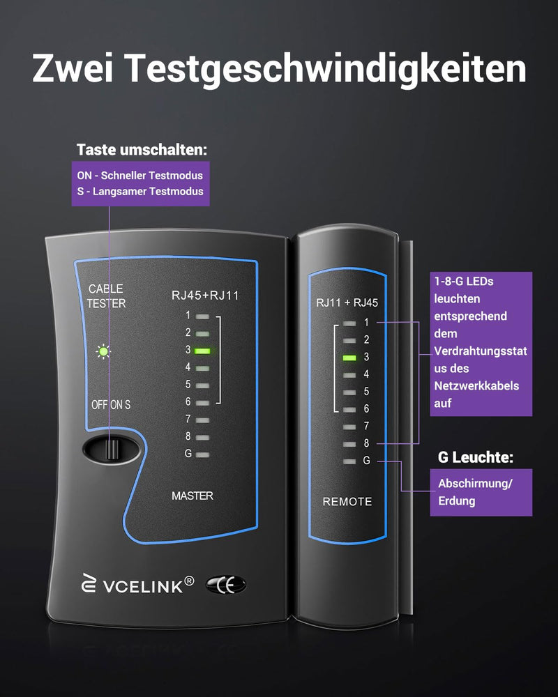 [Australia - AusPower] - VCELINK Kabeltester, Netzwerktester Kabeltester für RJ45 RJ11 Kabel-Patchkabel-Leitungstester, LAN Tester, Telefon Kabelteser, Schwarz 