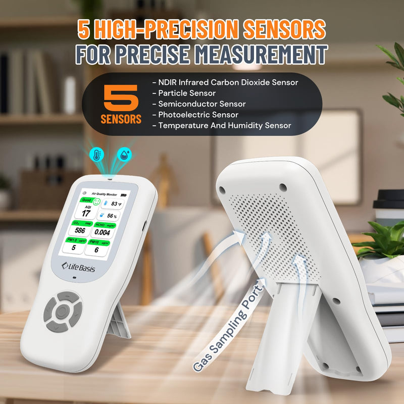 LifeBasis Air Quality Monitor Indoor, 10-in-1 Air Quality Detector with Stand, Real-Time Air Meter Test AQI, PM1.0, PM2.5, PM10, CO2, TVOC, HCHO, Particles, Temperature and Humidity with Alert -White White
