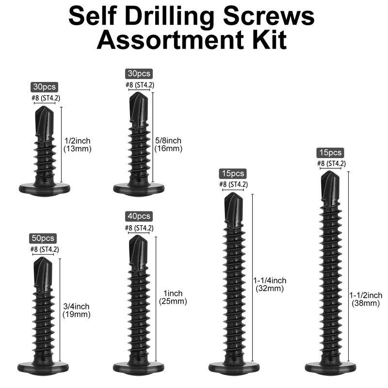 [Australia - AusPower] - 180Pcs #8 Sheet Metal Screws Assortment Kit,410 Stainless Steel Self Tapping Screws for Metal,Self Drilling Screws Black Zinc Plated,6 Sizes (1/2",5/8",3/4",1",1-1/4",1-1/2") Modified Truss Head 