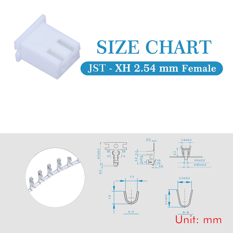 [Australia - AusPower] - JST XH 2.54 mm Pitch 2-Pin JST Wiring Connecting IC Male Plugs, Female Sockets Housing and T-shaped Crimp Terminal Connector Kit. 50 Sets/200 Pieces JST XH Connector Adapter Cable Assembly. JST-XH2.54 XH 2P 