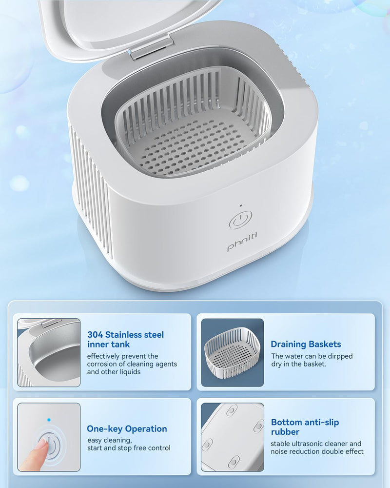 [Australia - AusPower] - Ultrasonic Jewelry Cleaner, Phniti 46kHz Professional Portable Ultrasonic Retainer Cleaner Machine with Timer for Dental Retainer, Mouth Guard, Watch, Ring, Diamond - Household Use, White 1 PACK 