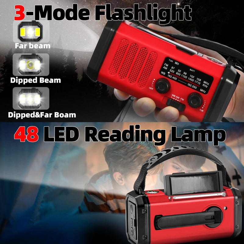 [Australia - AusPower] - Emergency Weather Radio, 10000mAh /37000mWh Crank Radio, Portable NOAA/AM/FM Weather Radio, Reading Light, Solar Radio, SOS Emergency Flashlight, Multiple Power Sources,for Hurricanes and Emergencies Red 