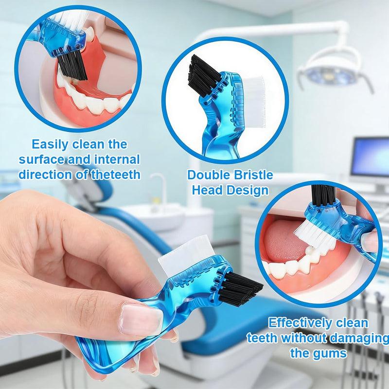 Pack of 4 Portable Denture Cleaning Brushes, Double-Sided Brush, Multi-layer Bristles, Denture Cleaning Brush, Bristles and Ergonomic Rubber Handle, for Denture Care (4 Colors)